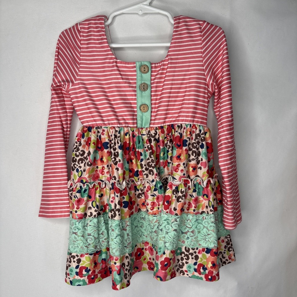 Cheeky Plum Garden Strokes Tunic Dress Pink Stripe Floral Cheetah Ruffle 4t